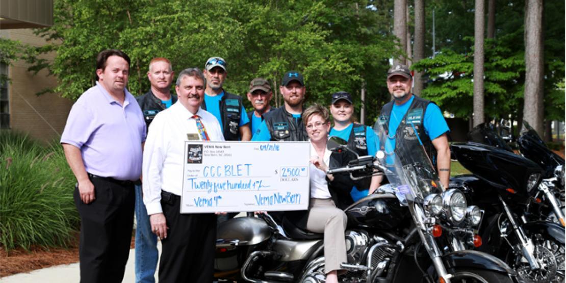 The Veteran Enforcers Motorcycle Association (VEMA) of New Bern presented a check for $2,500 to the Craven Community College Foundation Tuesday, May 15 to benefit Basic Law Enforcement Training (BLET) students. Pictured are, left to right: BLET Faculty Jim Ward, Craven CC Executive Director of Institutional Advancement Charles Wethington, Jon Nottson, Tim Raulerson, Kevin Yates, Craven CC Foundation Operations Coordinator Tanya Roberts, Addie Yates and Ron Waniewski.