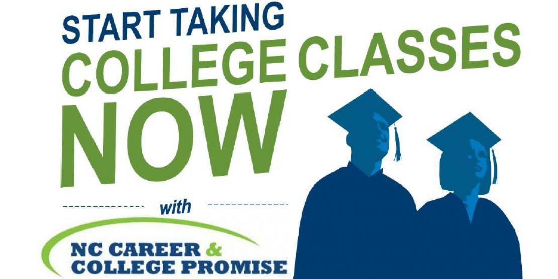 Start taking college classes now with NC Career & College Promise text with blue outline of male and female in grad caps