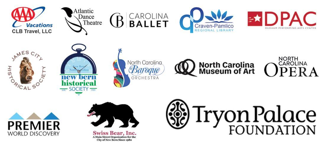 Logos for AAA Vacations CLB Travel, Atlantic Dance Theatre, Carolina Ballet, Craven-Pamlico Regional Library, DPAC, James City Historical Society, New Bern Historical Society, NC Baroque Orchestra, NC Museum of Art, NC Opera, Premier World Discovery, Swiss Bear, and Tryon Palace Foundation