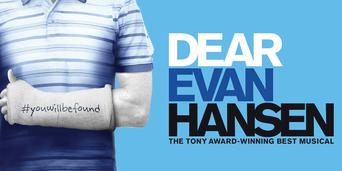 Promotional photo for Tony award-winning musical Dear Evan Hansen with torso of a male in an arm cast that reads "#youwillbefound"