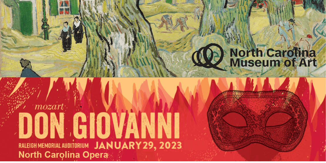 North Carolina Museum of Art logo on top of a painting combined with NC Opera Don Giovanni promotional image