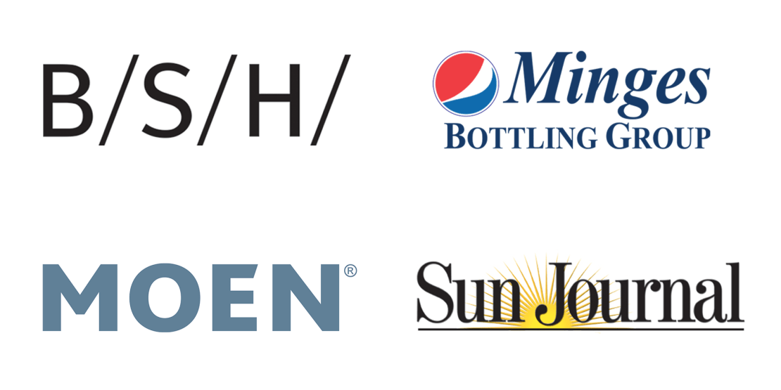 Logos for BSH, Minges Bottling Group, Moen, and Sun Journal
