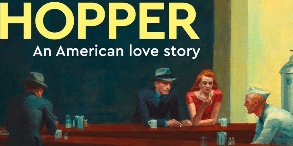 Artwork of people in a diner during the mid-twentieth century with text "Hopper: An American love story"