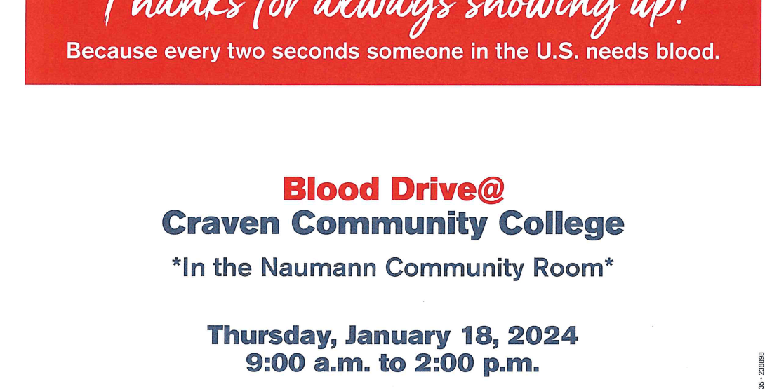 Flyer for January 18 Red Cross Blood Drive at Craven Community College