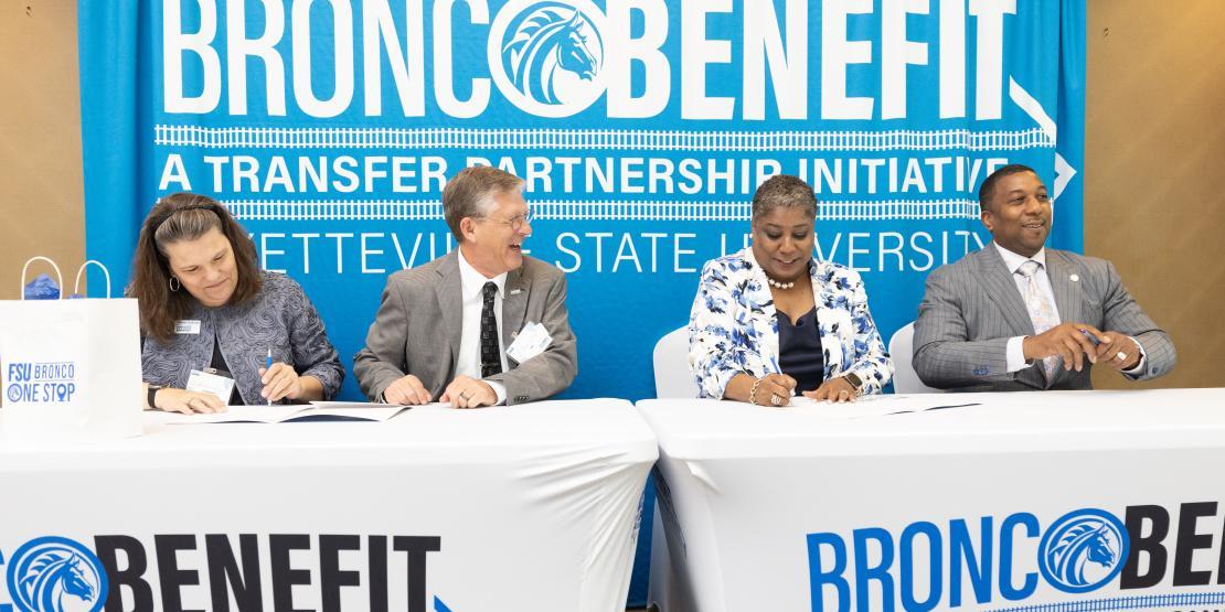 Officials from Craven CC and Fayetteville State University sign a transfer agreement on May 29. Pictured left to right: Craven CC VP for Instruction Dr. Kathleen Gallman, Craven CC President Dr. Ray Staats, FSU Provost and Senior Vice Chancellor for Academic Affairs Dr. Monica Terrell Leach, and FSU Chancellor and Chief Executive Officer Darrell Allison.