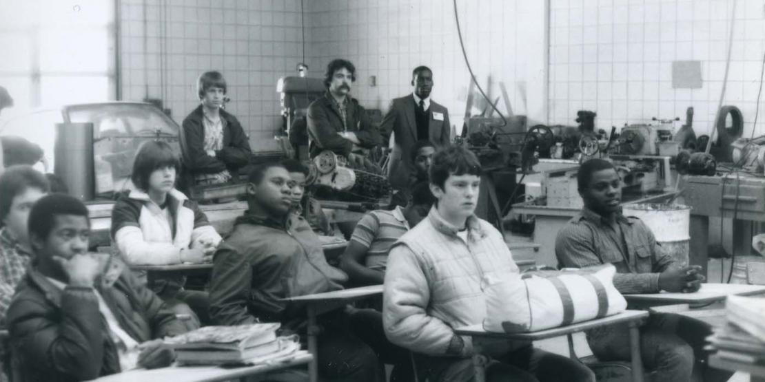 Craven CC automotive program students at desks in 1990s