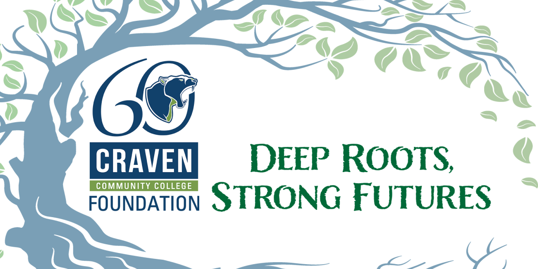 Foundation Deep Roots Strong Futures with digital graphic of blue tree with roots and green leaves