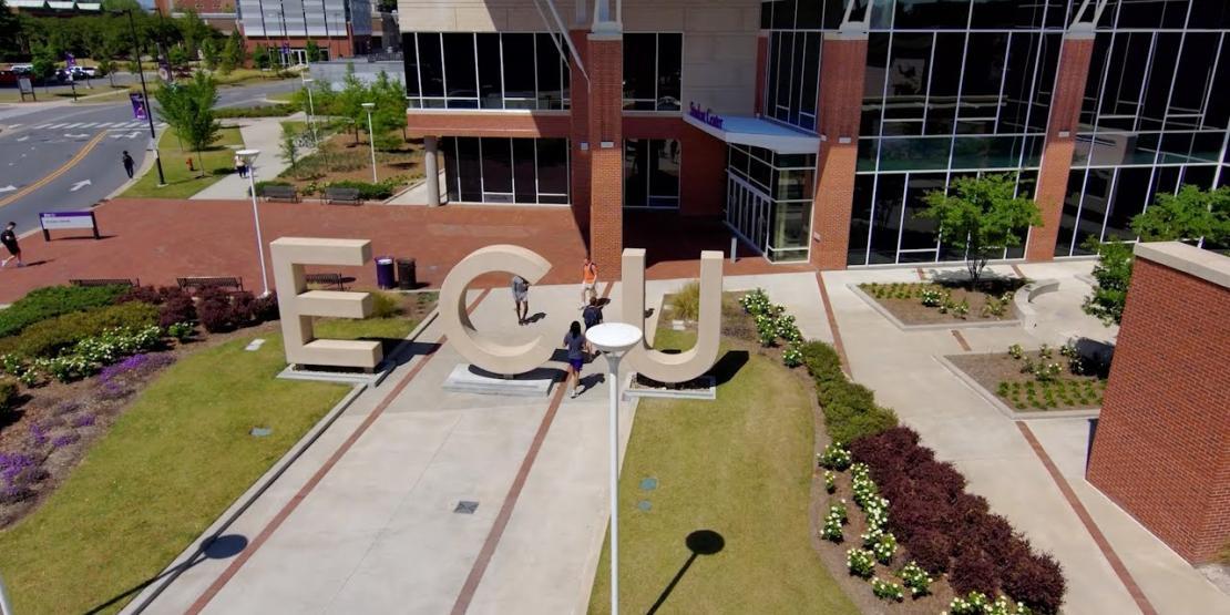 East Carolina University exterior aerial view with large ECU letters