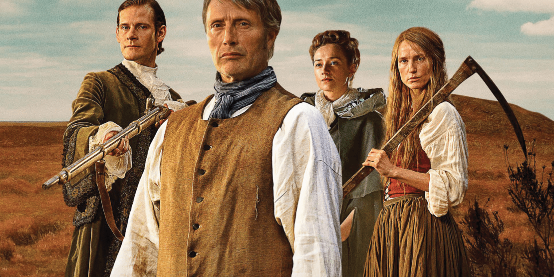 Two male actors and two female actresses dressed in 18th century mid-Western attire with stern facial expressions