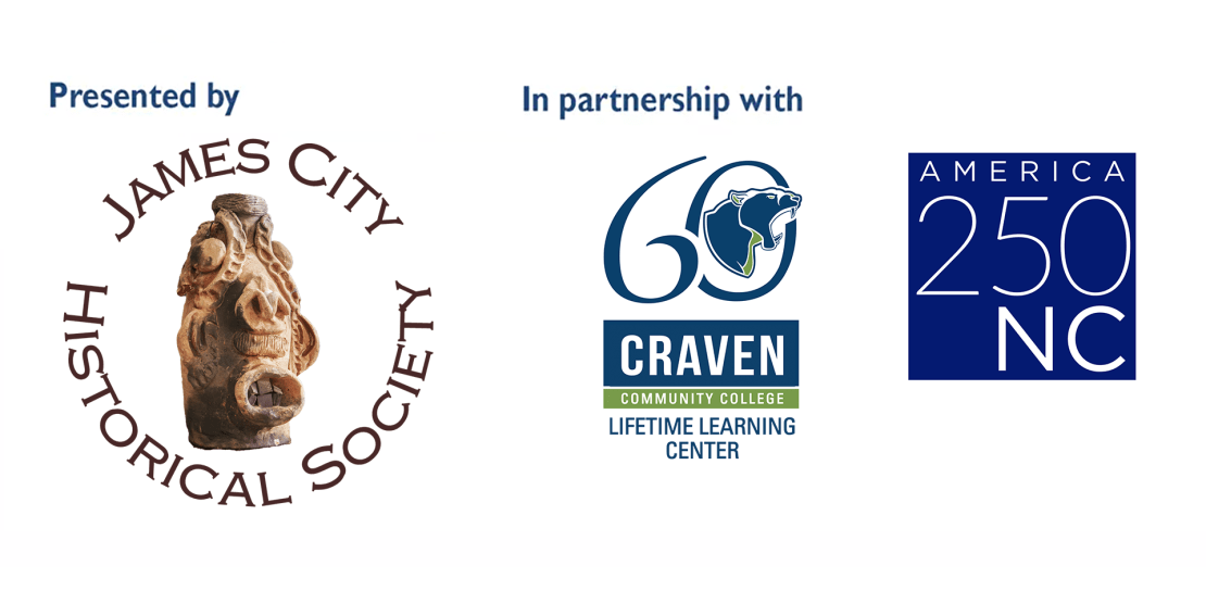 Lecture series sponsor logos for James City Historical Society, Craven Community College, and America 250 NC