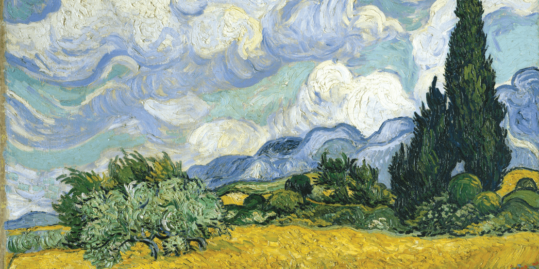 Van Gogh painting of tree, cloudy sky, and yellow grass for Poets & Lovers movie