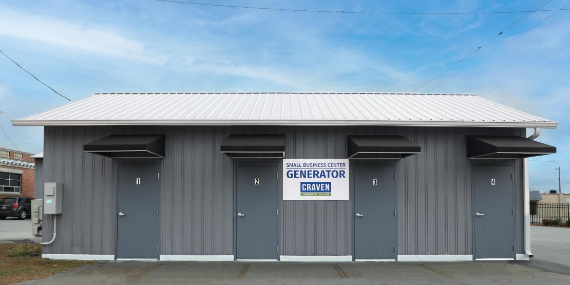 Exterior of one-story Small Business Center Generator building with four exterior doors