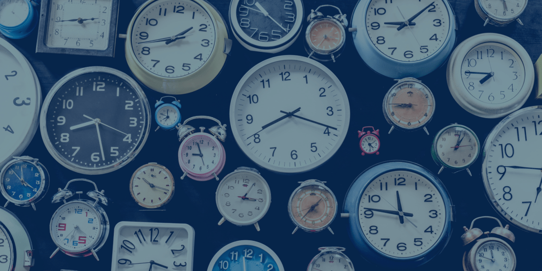 Various shapes, colors, and sizes of analog clocks