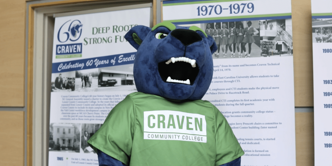 Blaze the panther blue and green mascot in front of college's 60th anniversary banners