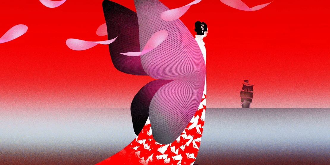 Artistic rendition of Asian woman in red dress and black butterfly wings