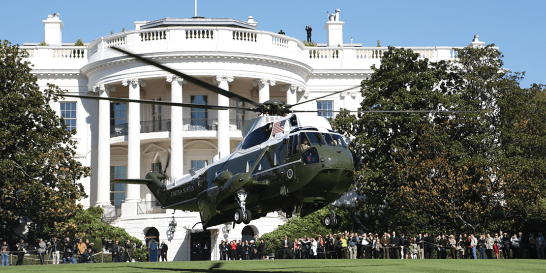 Marine One Flying the president in front of the White House