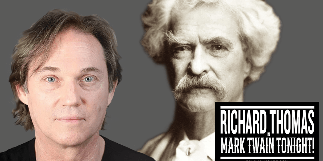 Headshot of Richard Thomas overlapping B&W headshot of Mark Twain