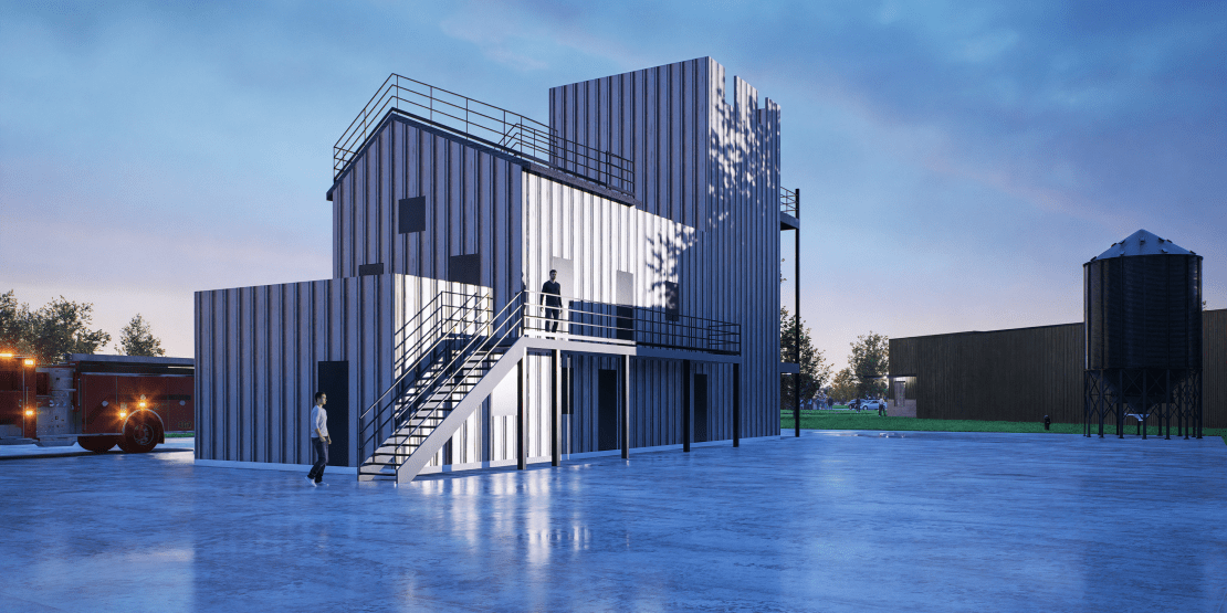 Rendering of a burn building and drill tower for the Public Safety Training Center