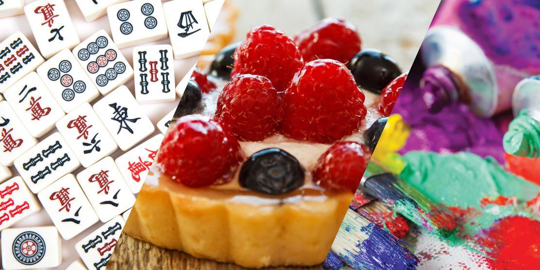 Three diagonally cropped images of mah jongg tiles, fruit tart, and paint tubes with paint splotches and paintbrushes