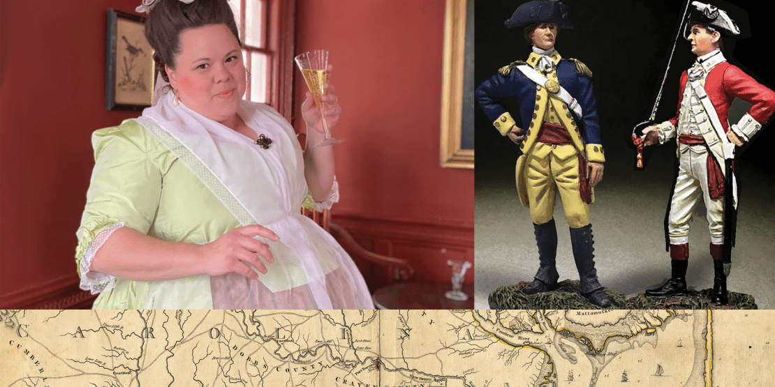 Three images with Amanda Brantly dressed as a 19th-century debutante holding a champagne flute, depictions of blue coat and red coat soldiers, and antique map