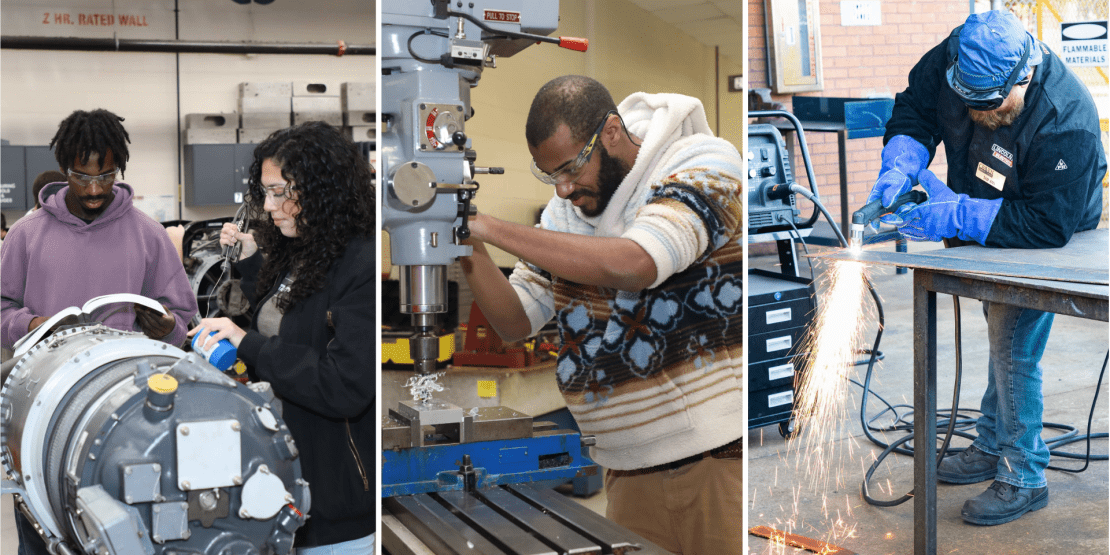 Three images with male and female student working on a plane component, male using a drill press, and male welding with sparks flying downward