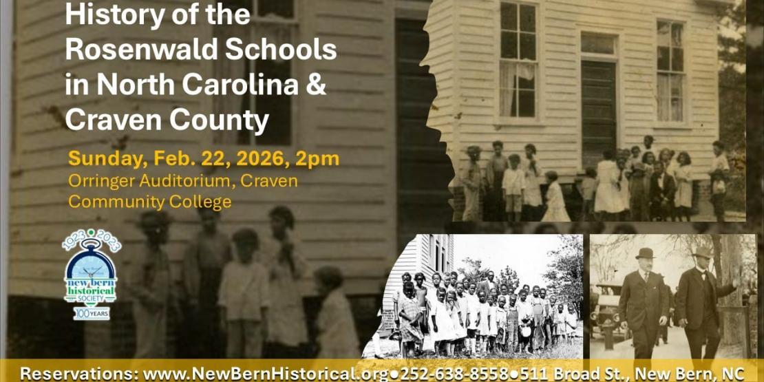 Flyer showing black and white photos of children at the Rosenwald Schools in New Bern, NC.