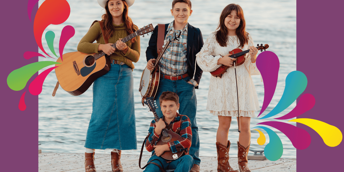 Four bluegrass musicians pose with acoustic instruments by the water, framed by colorful decorative flourishes.