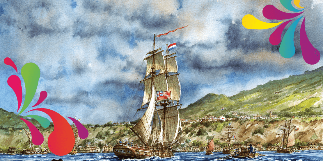 Painting of a historic sailing ship near a rocky coastline, with a small boat approaching across choppy water beneath a cloudy sky.