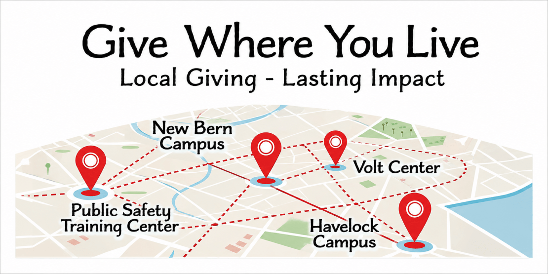 Illustrated map showing Craven Community College locations in the New Bern area, with markers for New Bern Campus, Havelock Campus, Volt Center, and Public Safety Training Center. Headline reads, “Give Where You Live: Local Giving - Lasting Impact.”