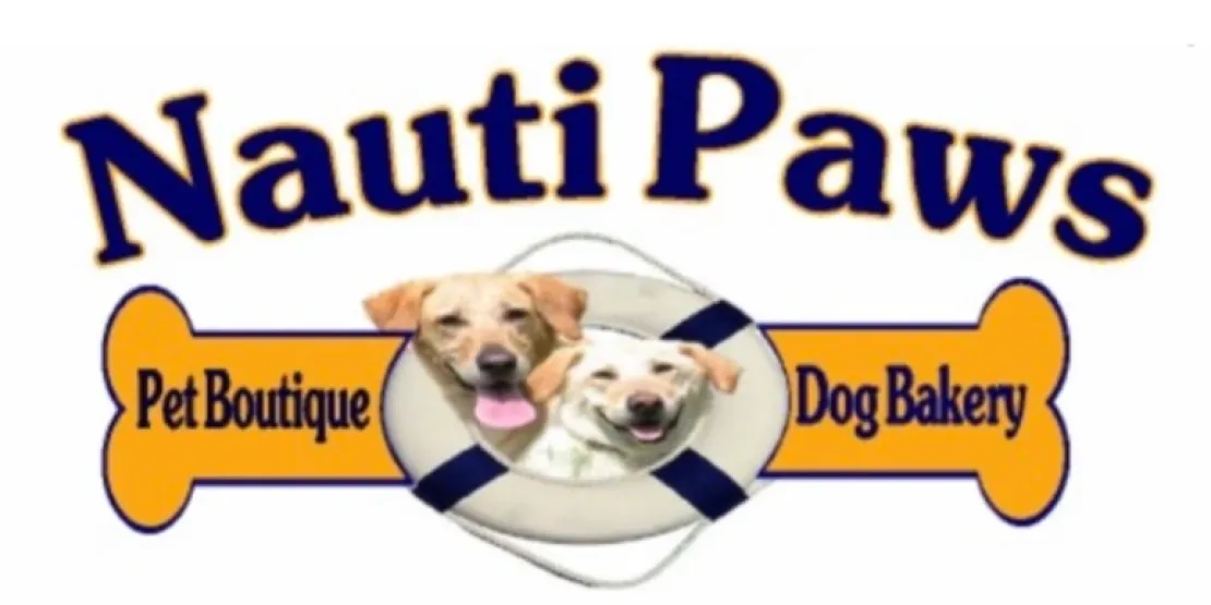 NautiPaws logo featuring the business name above two pet photos, with a dog bone labeled "Pet Boutique" on the left and "Dog Bakery" on the right.