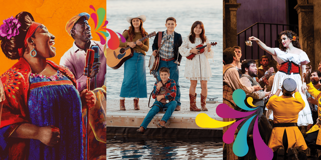Collage highlighting cultural and performing arts, including musicians in colorful traditional clothing, a contemporary dance performance, and a lively scene from an opera.