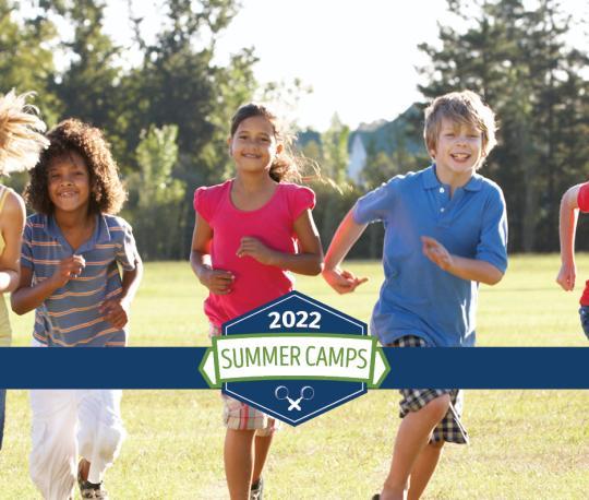 2022 summer camps banner text with six young kids running outside and smiling
