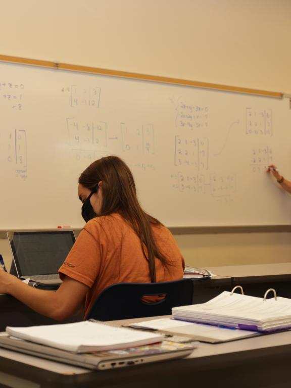 Math instructor teaches precalculus in classroom