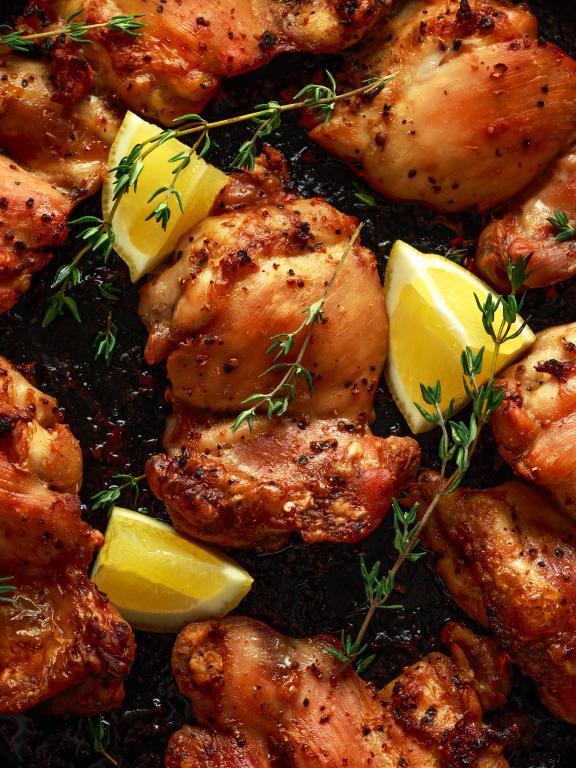 Roasted boneless skinless chicken thighs in lemon and thyme dressing served in vintage cast iron skillet