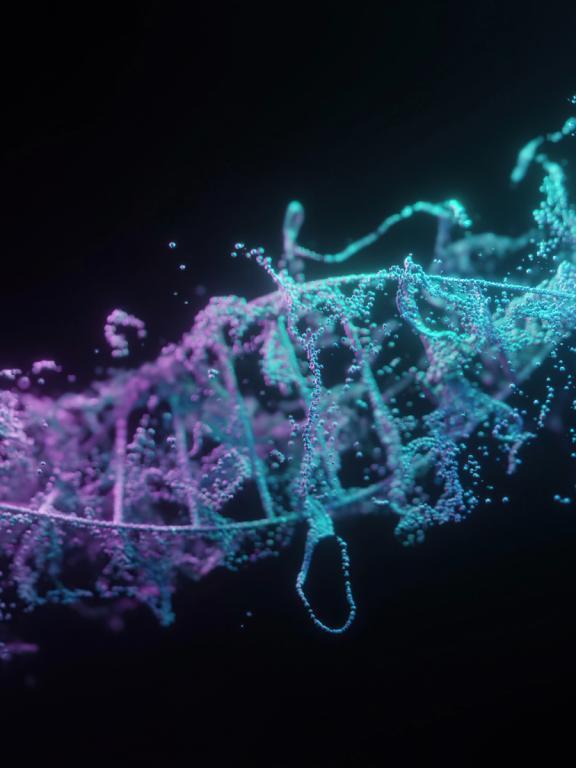 Strand of DNA faing from purple to teal against black background