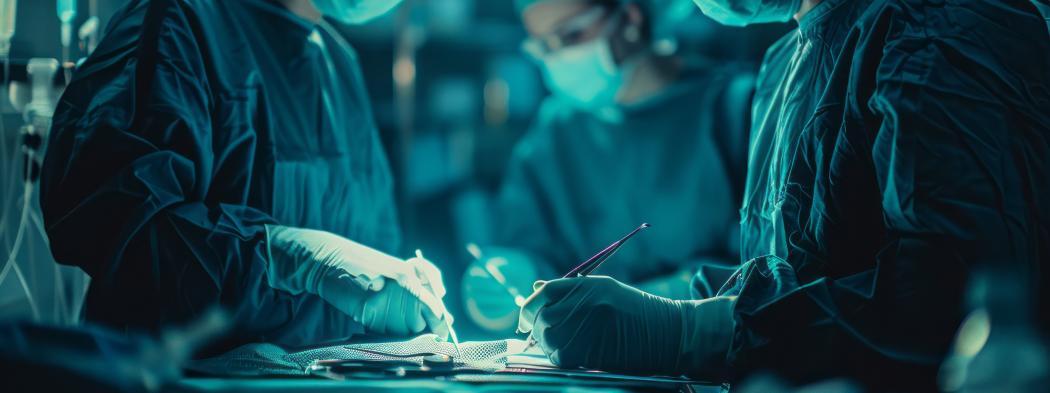 Medical team performing surgical operation in modern operating room with tray of tools