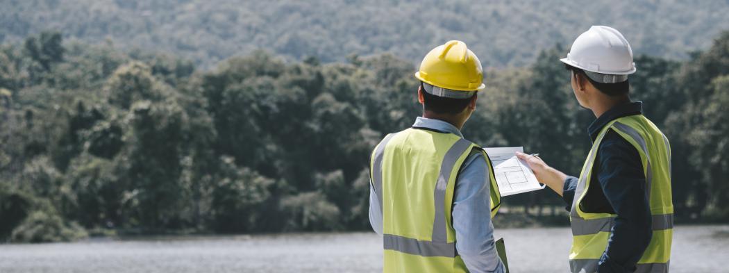 Two male forestry workers in hard hats and safety vests hold a blueprint and look out over a vast forest