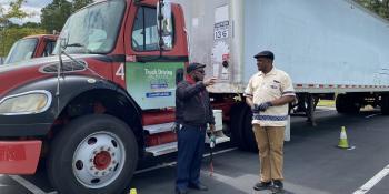 Craven CC CDL instructor Lafayette Kornegay, left, talks to student Djimmi Kabondo during the CDL training program. Through mutual partnerships, Craven CC has helped establish the CDL program of three other local community colleges. The college’s next CDL program orientation will be held Nov. 19 for the classes beginning Dec. 1, 2020 and Jan. 4, 2021.