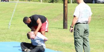 Students in the Basic Law Enforcement Training (BLET) program take part in a drill that tests their ability to do their job efficiently after being pepper sprayed. BLET is one of several programs currently registering students at Craven CC.