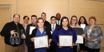 Craven CC’s Phi Theta Kappa (PTK) members received 17 awards at the Carolinas Regional Convention in Columbia, South Carolina, on March 2. Pictured left to right: Eddie Sabat, PTK faculty co-advisor; Shawna Franklin; Brayden Forguson; Alyssa Toscano-Fuchs; Nathan Gallman; Rocky Gonzales; Maurice Cunningham; Khalei Carroll; Riley Batchelor; Hannah Arey; and Kate Amerson, PTK faculty advisor.