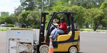 A Craven CC student practices maneuvering a forklift at the Volt Center. Forklift Operator is one of several classes now offered through the college’s Workforce Development program at the Volt Center.