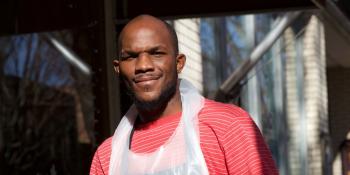 ​​​​​​​Jeremiah Simmons stands outside Baker’s Kitchen in downtown New Bern, where he found employment after completing the Craven CC Job Readiness Boot Camp.