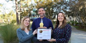 Craven Community College recently won two Medallion Awards from the National Council for Marketing and Public Relations. The award-winning campaigns were the result of the collaborative efforts of Holly Desrosier, administrative specialist (left); Craig Ramey, director of communications; and Meredith Laskovics, marketing specialist.