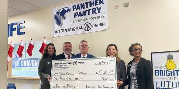 Craven CC's Panther Pantry receives a generous $5,000 donation from International Paper (IP) Dec. 6. The funds will be used to purchase a variety of canned goods and toiletry items for students in need. Pictured L-R: Craven CC Campus Life Coordinator Emily Howard, Craven CC Executive Directors of Institutional Advancement Charles Wethington, Craven CC President Dr. Ray Staats, IP New Bern Mill Manager Elena Sanders, and Craven CC Associate Vice President for Student Services Zomar Peter.